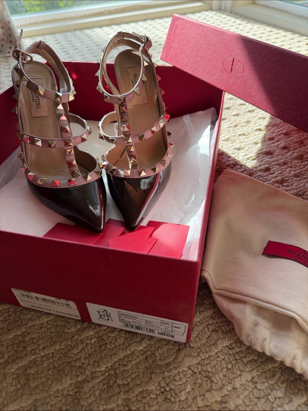 Valentino Black Patent Rockstud T-Strap Pointed Pumps